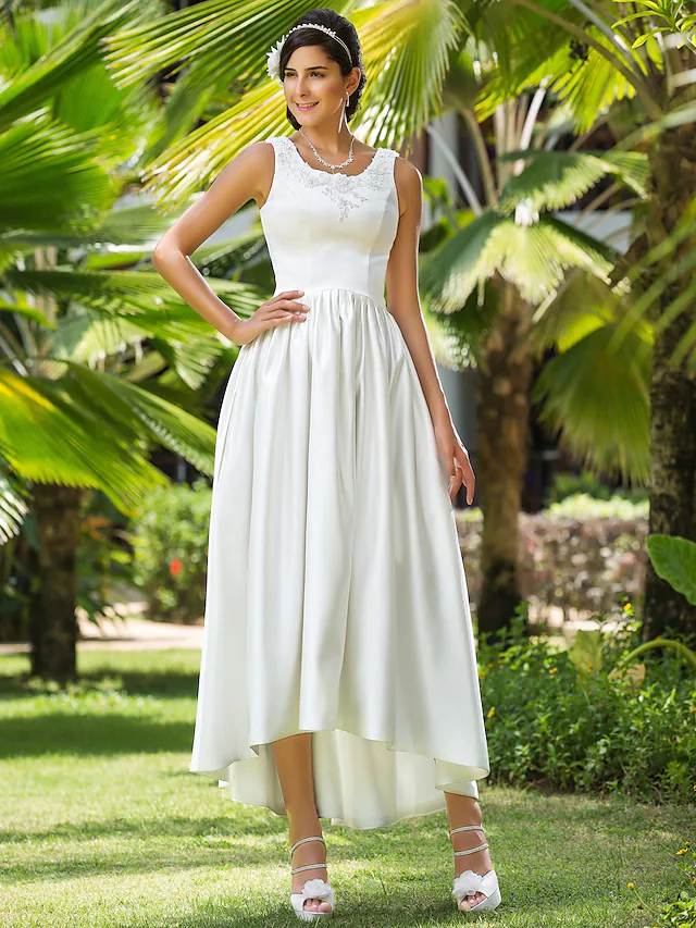 Luolandi A-Line Wedding Dresses Scoop Neck Asymmetrical Satin Sleeveless with Beading Appliques Pocket