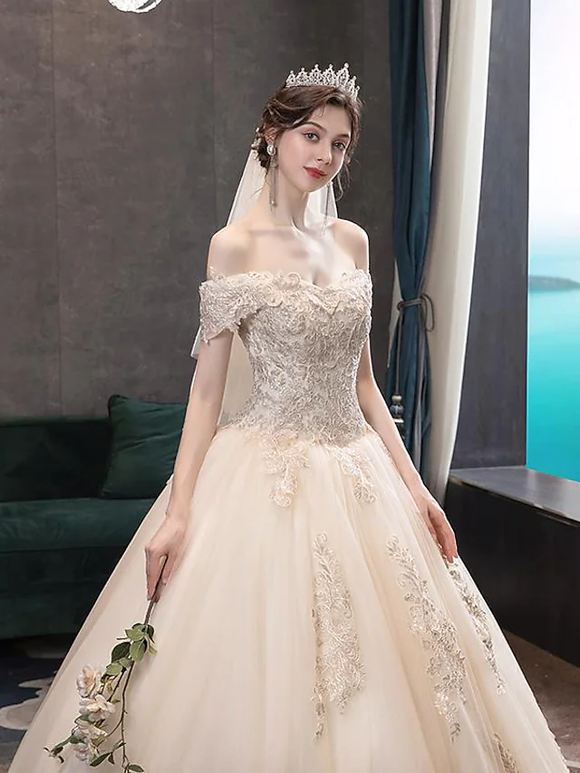Luolandi Princess Ball Gown Wedding Dresses Off Shoulder Floor Length Lace Tulle Sequined Short Sleeve Formal Romantic Luxurious Sparkle & Shine with Pleats