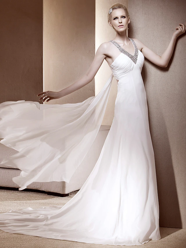 Luolandi Princess A-Line Wedding Dresses V Neck Court Train Chiffon Sleeveless Sparkle & Shine