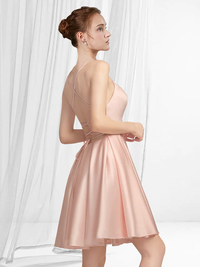 Luolandi A-Line Minimalist Sexy Graduation Party Wear Dress Spaghetti Strap Sleeveless Short Mini Satin