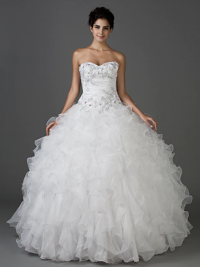 Luolandi Ball Gown Wedding Dresses Sweetheart Neckline Strapless Floor Length Organza Taffeta Sleeveless Sparkle