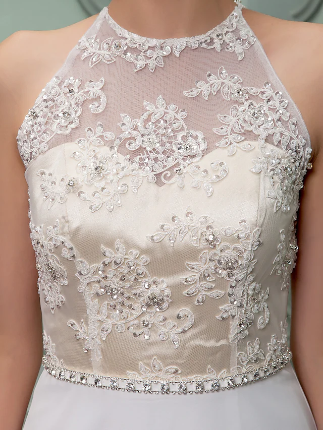 Luolandi Wedding Dresses Jewel Neck Floor Length Chiffon Lace Regular Straps See-Through with Sash Ribbon