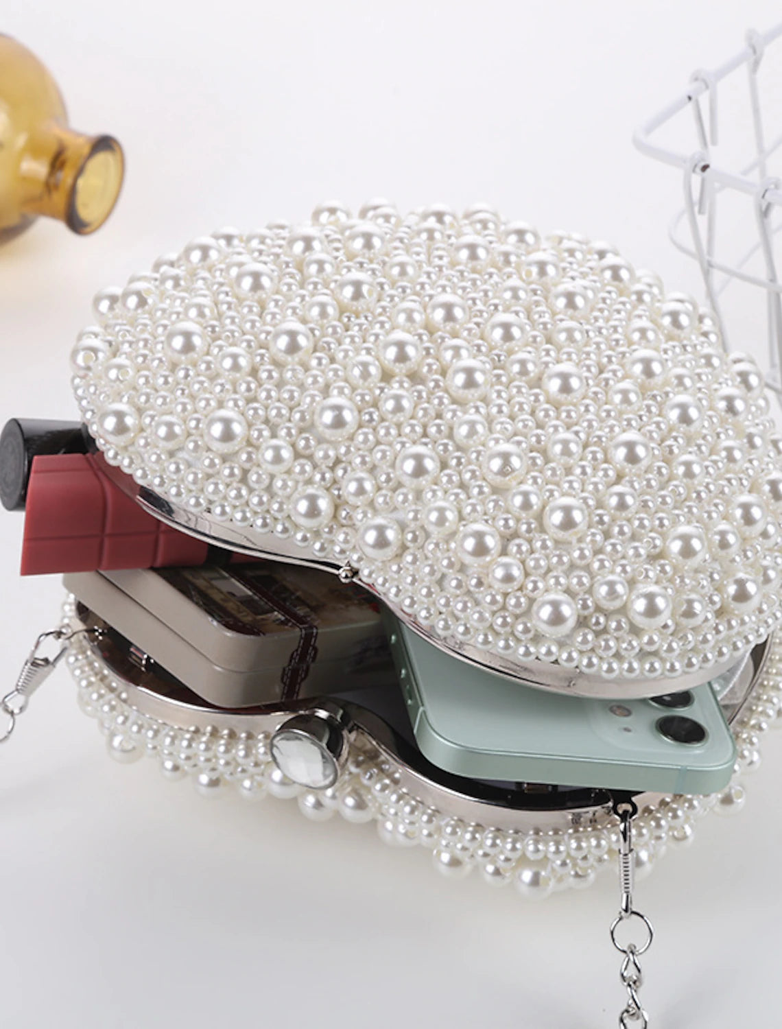 Women's Evening Bag Polyester Wedding Party Pearls Chain Solid Color White
