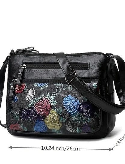 Women's Crossbody Bag Shoulder Bag PU Leather Outdoor Office Zipper Adjustable Large Capacity Lightweight Flower Black