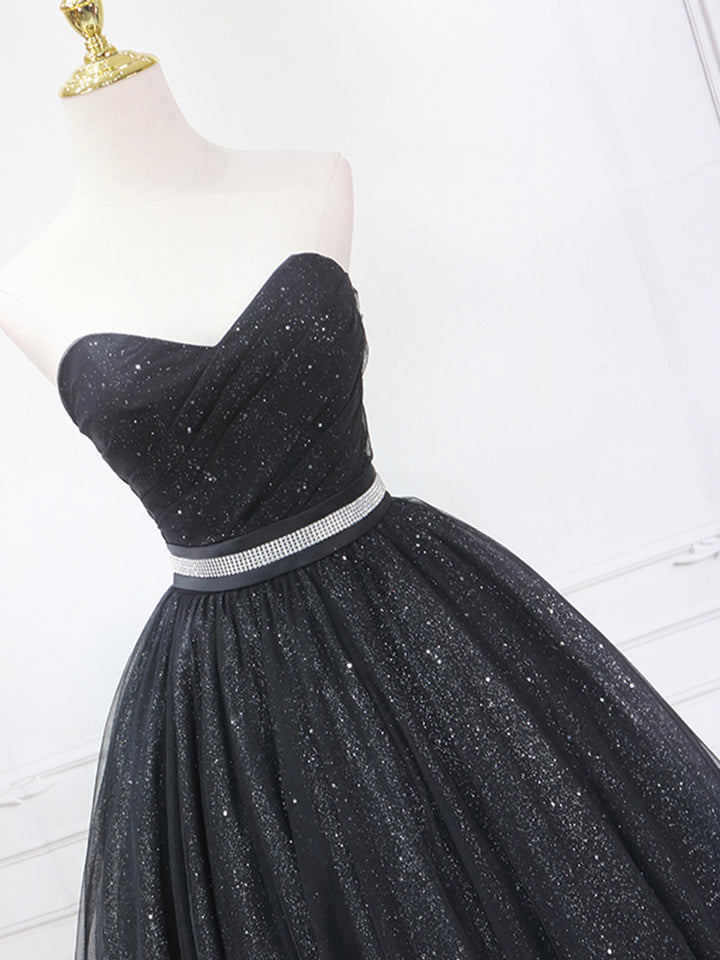 Luolandi Black Shiny Tulle Tea Length Prom Dress Strapless A-Line Party Dress Homecoming Dresses