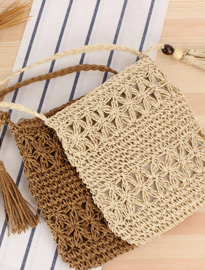 Women's Straw Bag Straw Daily Going out Tassel Zipper Solid Colored Camel Beige
