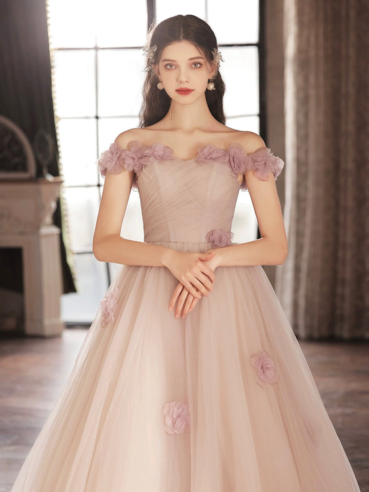 Luolandi Tulle Long Prom Dress with Flowers A-Line Off the Shoulder Evening Party Dress