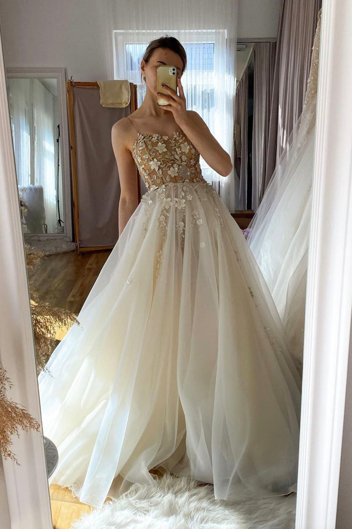 Luolandi Champagne Spaghetti Strap Lace Long Prom Dresses A-Line Evening Dress With Flowers