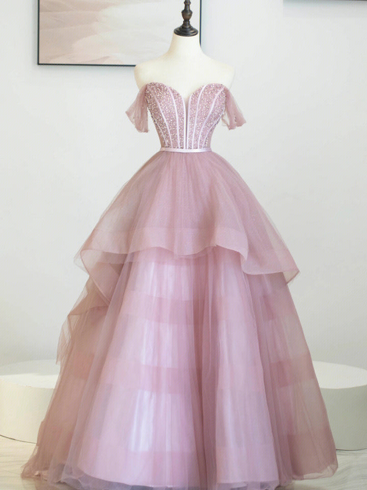 Luolandi Pink Tulle Sequins Long Prom Dress Off Shoulder Evening Dress Sexy