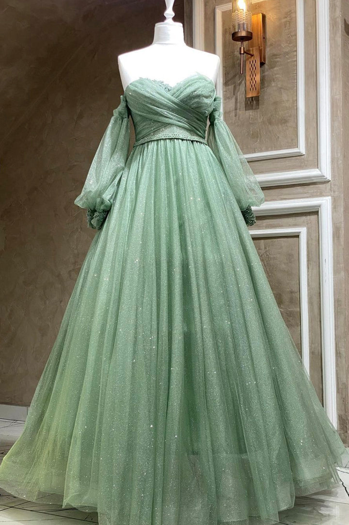 Luolandi Green Tulle Long Sleeve Prom Dress A-Line Off the Shoulder Evening Dress Sparkly