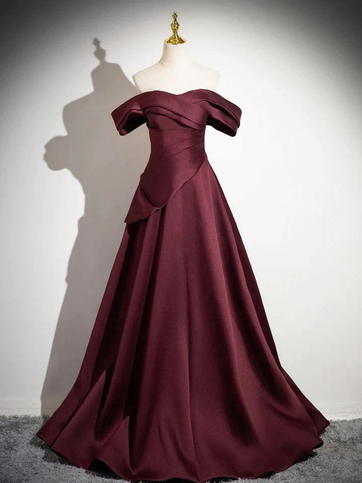 Luolandi Dark Burgundy Satin Long Prom Dress A-Line Off the Shoulder Evening Party Dress Sexy