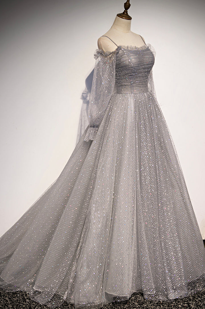 Luolandi Gray Tulle Sequins Long Prom Dress Long Sleeve Evening Dress Sparkly