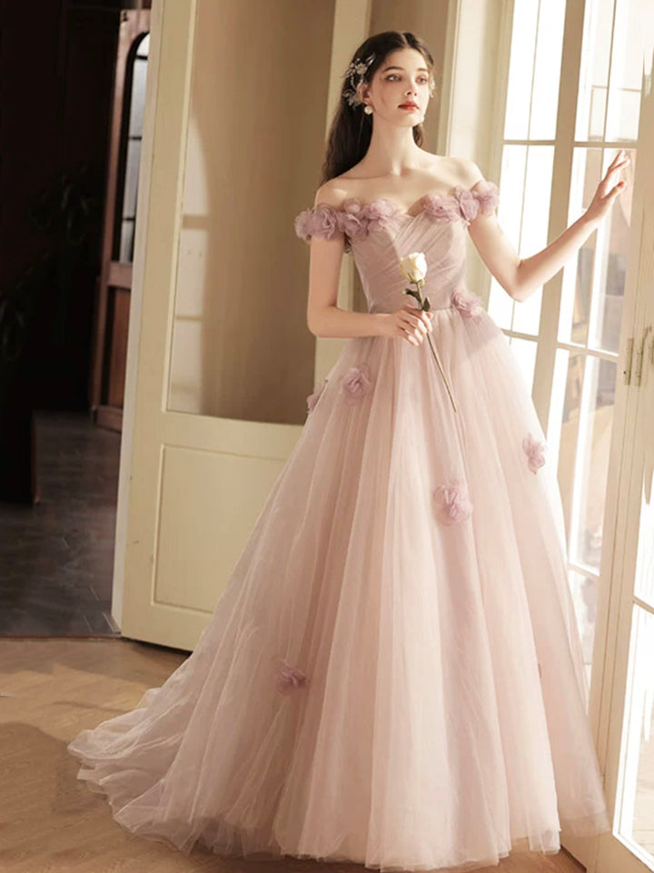 Luolandi Tulle Long Prom Dress with Flowers A-Line Off the Shoulder Evening Party Dress