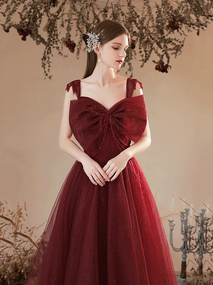 Luolandi Burgundy Tulle Long Prom Dress Lovely A-Line Evening Party Dress with Bow Floor Length