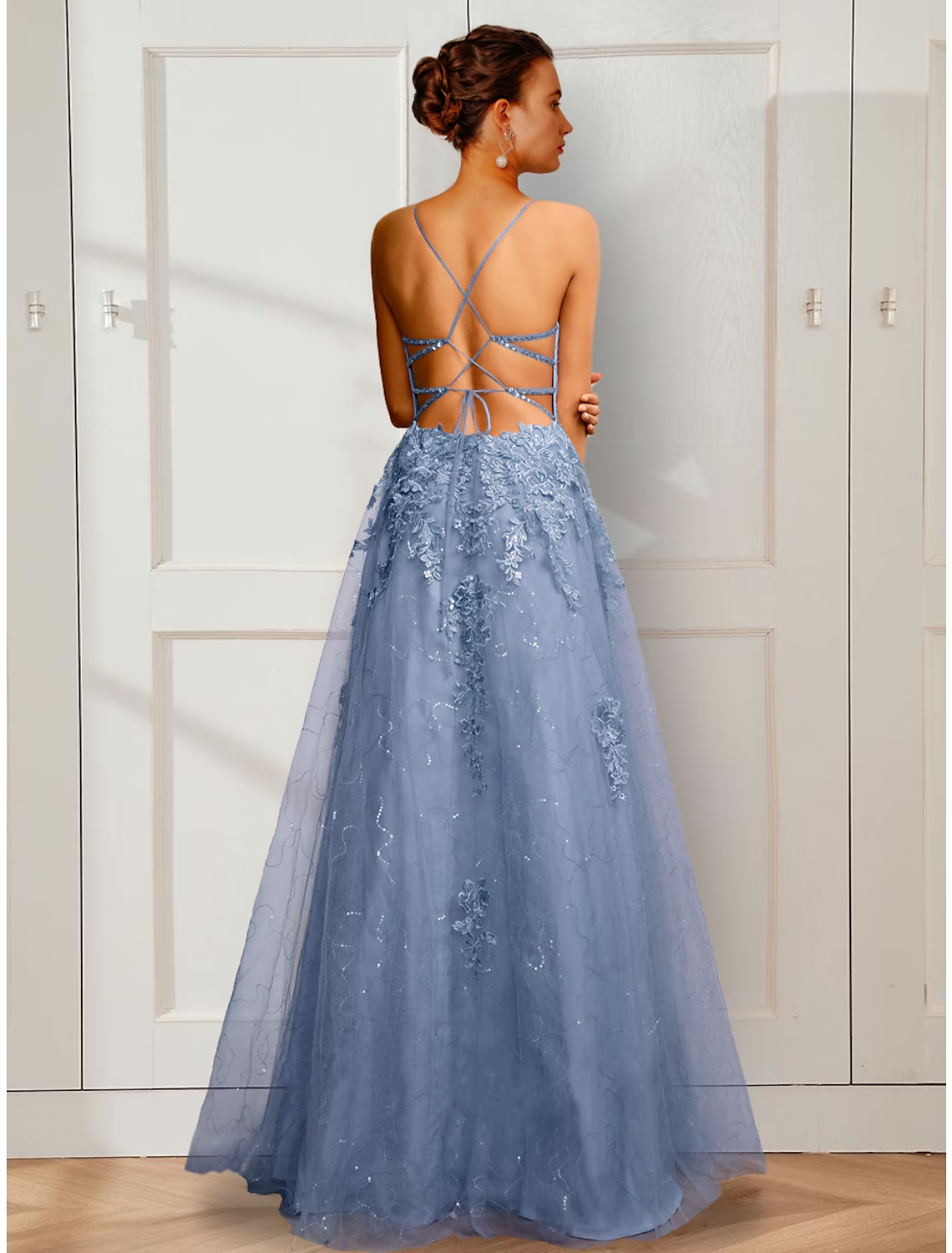 Luolandi A-Line Prom Dresses Floral Dress Party Wear Floor Length Sleeveless Spaghetti Strap Satin