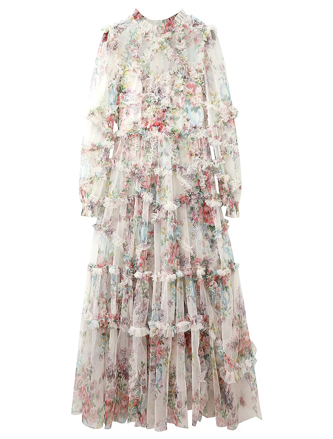 Luolandi A-Line Prom Dresses Floral Dress Wedding Guest Ankle Length Long Sleeve Jewel Neck Polyester with Ruffles Pattern