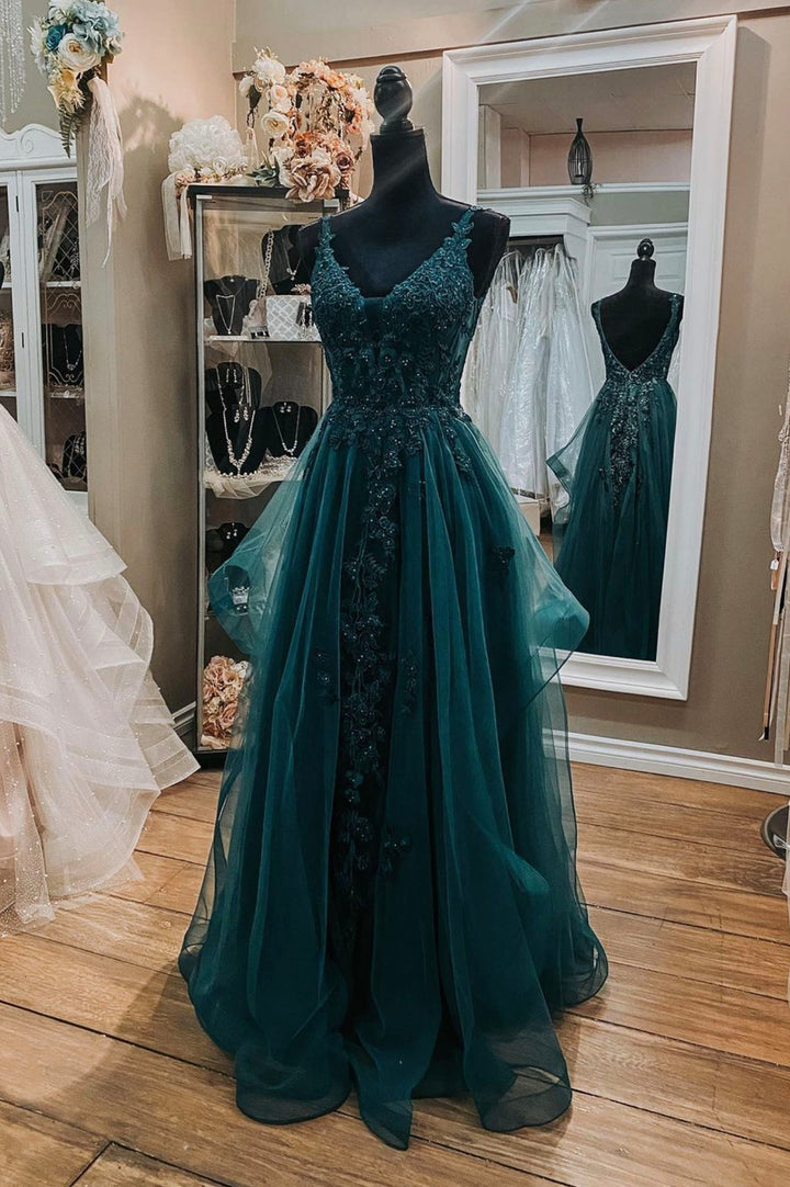 Luolandi Green Tulle Lace Long Prom Dresses A-Line Formal Evening Dresses Sexy