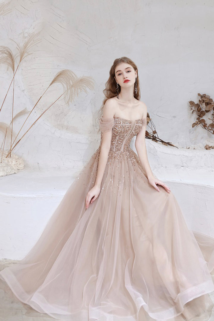 Luolandi Off Shoulder Tulle Sequins Long Prom Dress Champagne A-Line Formal Dress Sparkly Evening Dresses