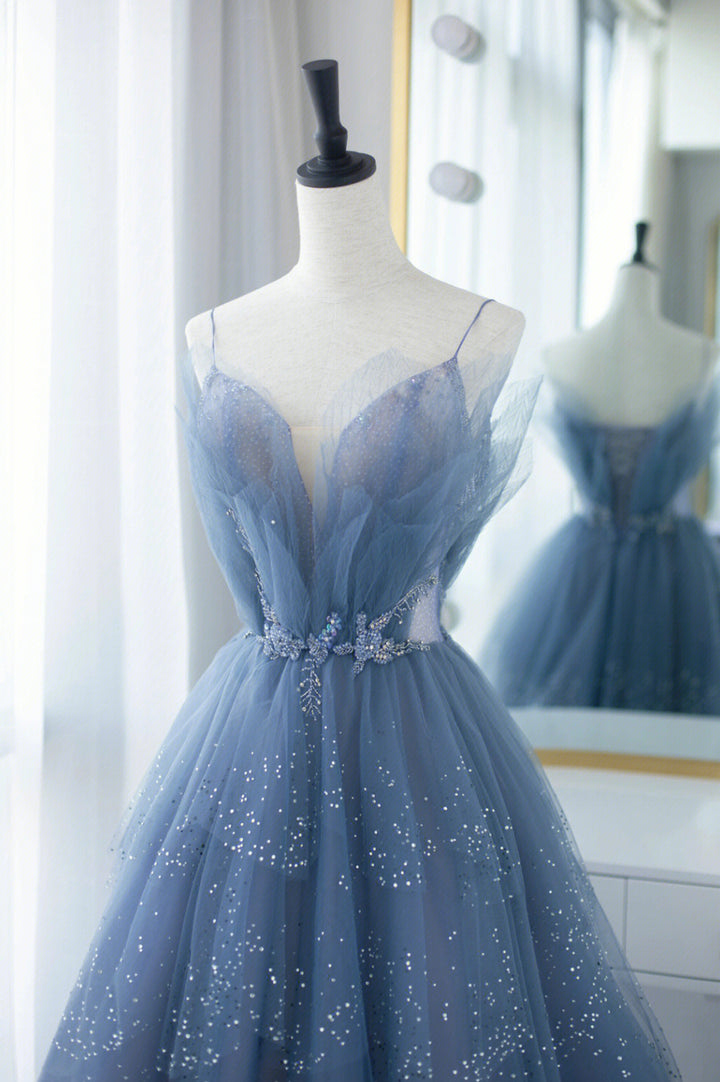 Luolandi Blue Tulle Long A-Line Prom Dresses Evening Dresses with Beaded Sparkly