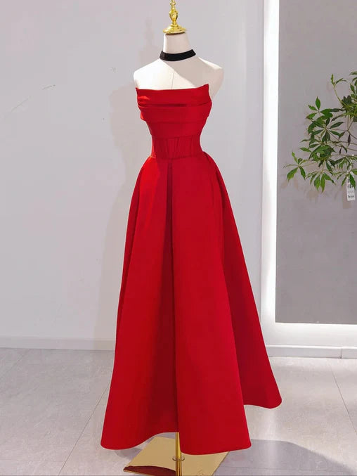 Luolandi Red Satin A-line Scoop Long Evening Dress Prom Dress Off Shoulder Formal Dress december wedding guest dress
