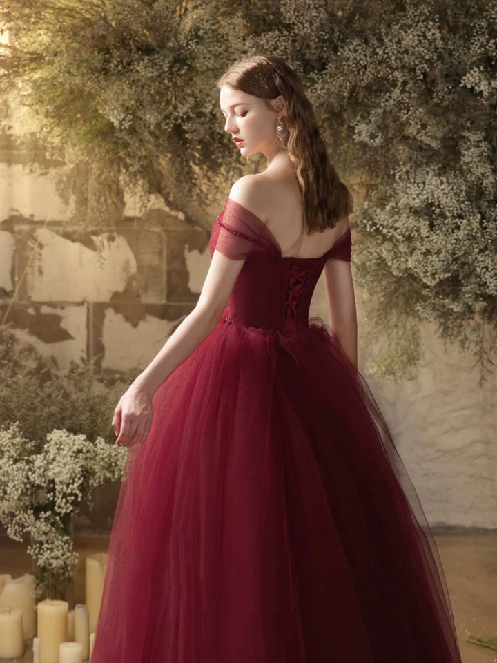 Luolandi Burgundy Tulle Long A-Line Prom Dress Off the Shoulder Evening Party Dress Sexy