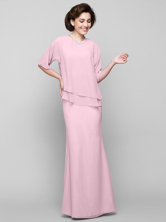 Luolandi Mermaid / Trumpet Mother of the Bride Dress Elegant Scoop Neck Floor Length Chiffon Half Sleeve