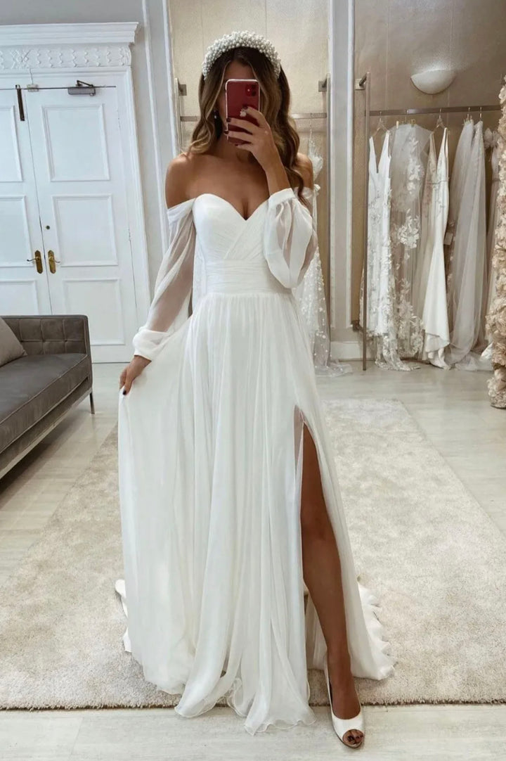 Luolandi Chiffon Long Sleeve Prom Dress Evening Party Dress Wedding Dress