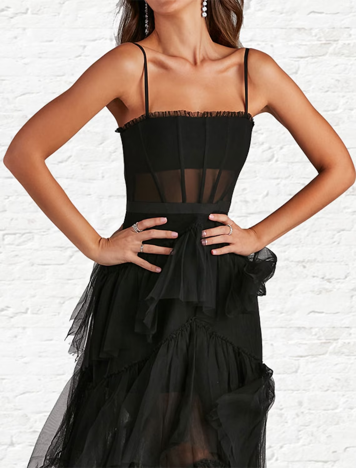 Luolandi A-Line Prom Dresses Corsets Dress Party Wear Ankle Length Sleeveless Strapless Tulle Ladder Back with Ruffles