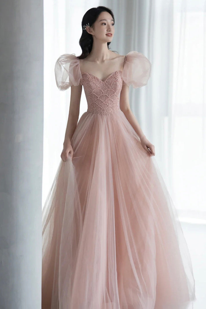 Luolandi Pink Tulle Beaded Long Prom Dress Cute Puff Sleeves Evening Dress Party Dress