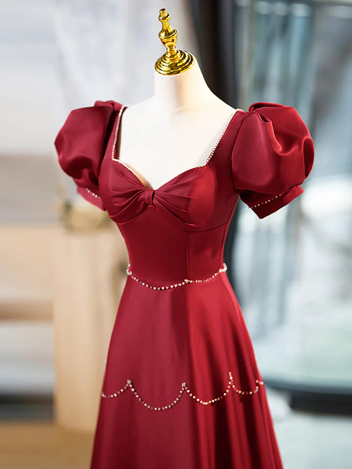 Luolandi Elegant Burgundy Satin Long Prom Dress with Beaded Burgundy Short Sleeve Evening Dress Floor Length
