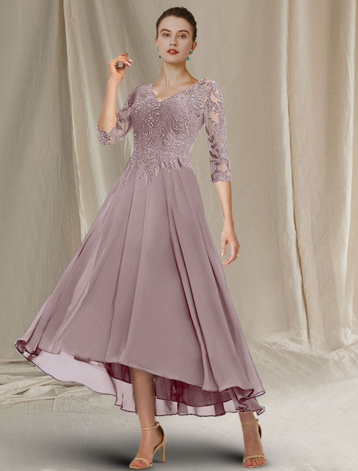 Luolandi A-Line Mother of the Bride Dress Elegant Sparkle & Shine High Low V Neck Asymmetrical Tea Length Chiffon Lace Half Sleeve with Sequin Ruffles