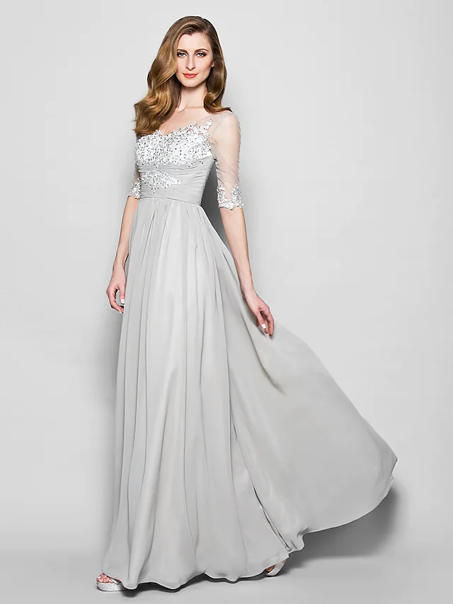Luolandi A-Line Mother of the Bride Dress V Neck Floor Length Chiffon Tulle Half Sleeve with Ruched Beading Silver