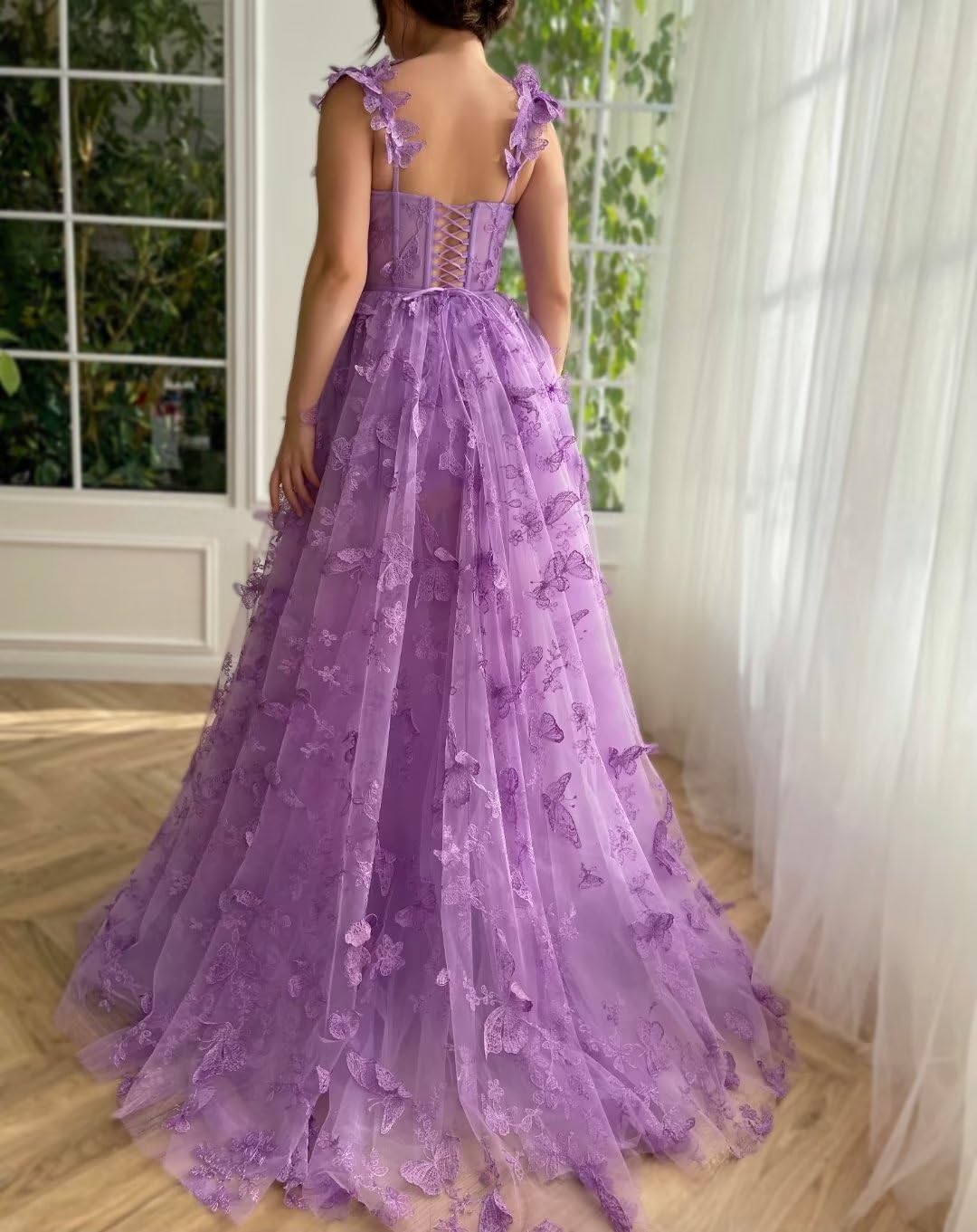 Long Tulle Prom Dress with 3D Butterflies Sexy Slit Ball Gown Evening Dresses Party Wedding Formal