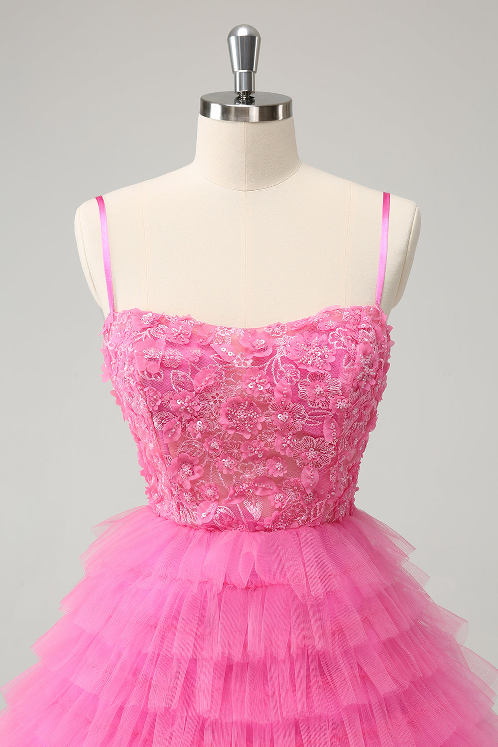 Luolandi Pink A Line Spaghetti Straps Tiered Corset Short Homecoming Dress with Sequins Beautiful