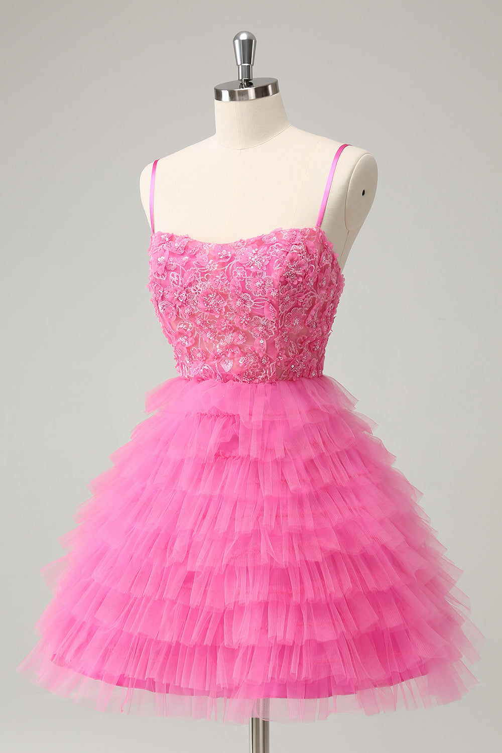 Luolandi Pink A Line Spaghetti Straps Tiered Corset Short Homecoming Dress with Sequins Beautiful