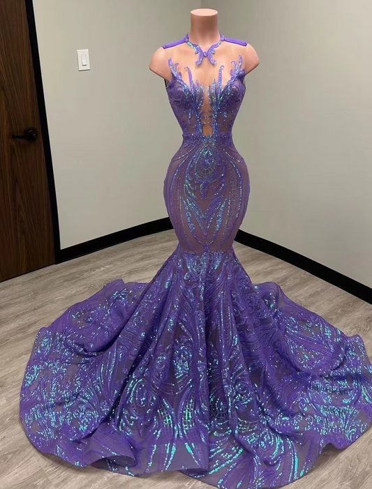 Mermaid / Trumpet Evening Gown Elegant Dress Formal Court Train Sleeveless Illusion Neck Sequined