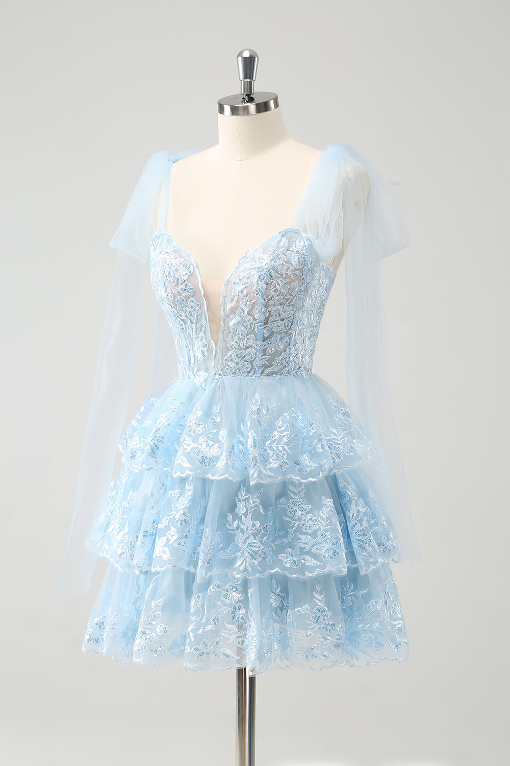 Luolandi Cute Light Blue A Line V Neck Tiered Short Homecoming Dress Beautiful Prom Dress
