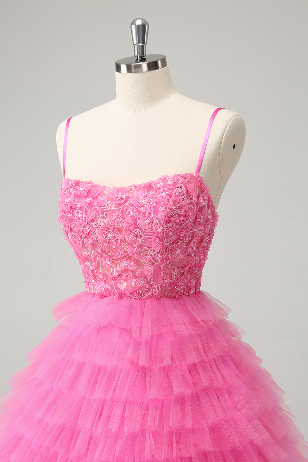 Luolandi Pink A Line Spaghetti Straps Tiered Corset Short Homecoming Dress with Sequins Beautiful