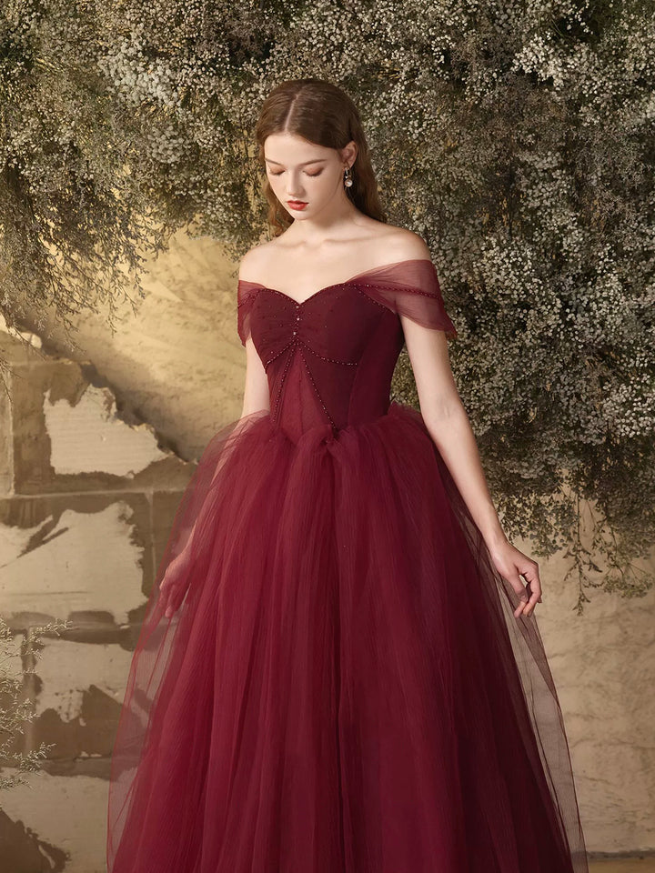 Luolandi Burgundy Tulle Long A-Line Prom Dress Off the Shoulder Evening Party Dress Sexy