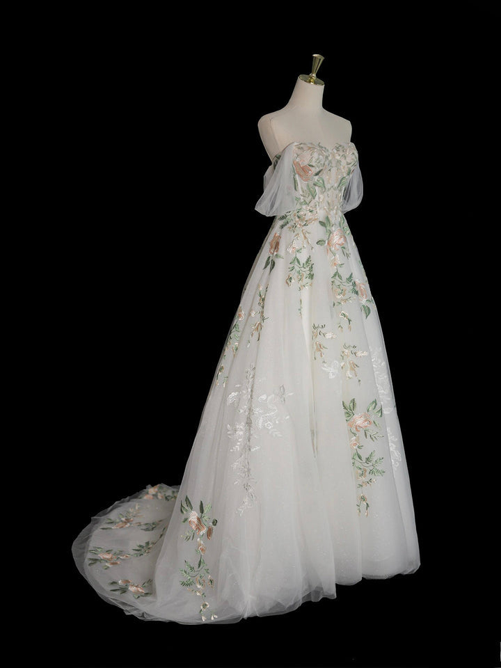 Luolandi A-Line Tulle Floral Lace Long Prom Dress Off the Shoulder Evening Party Dress With Flowers
