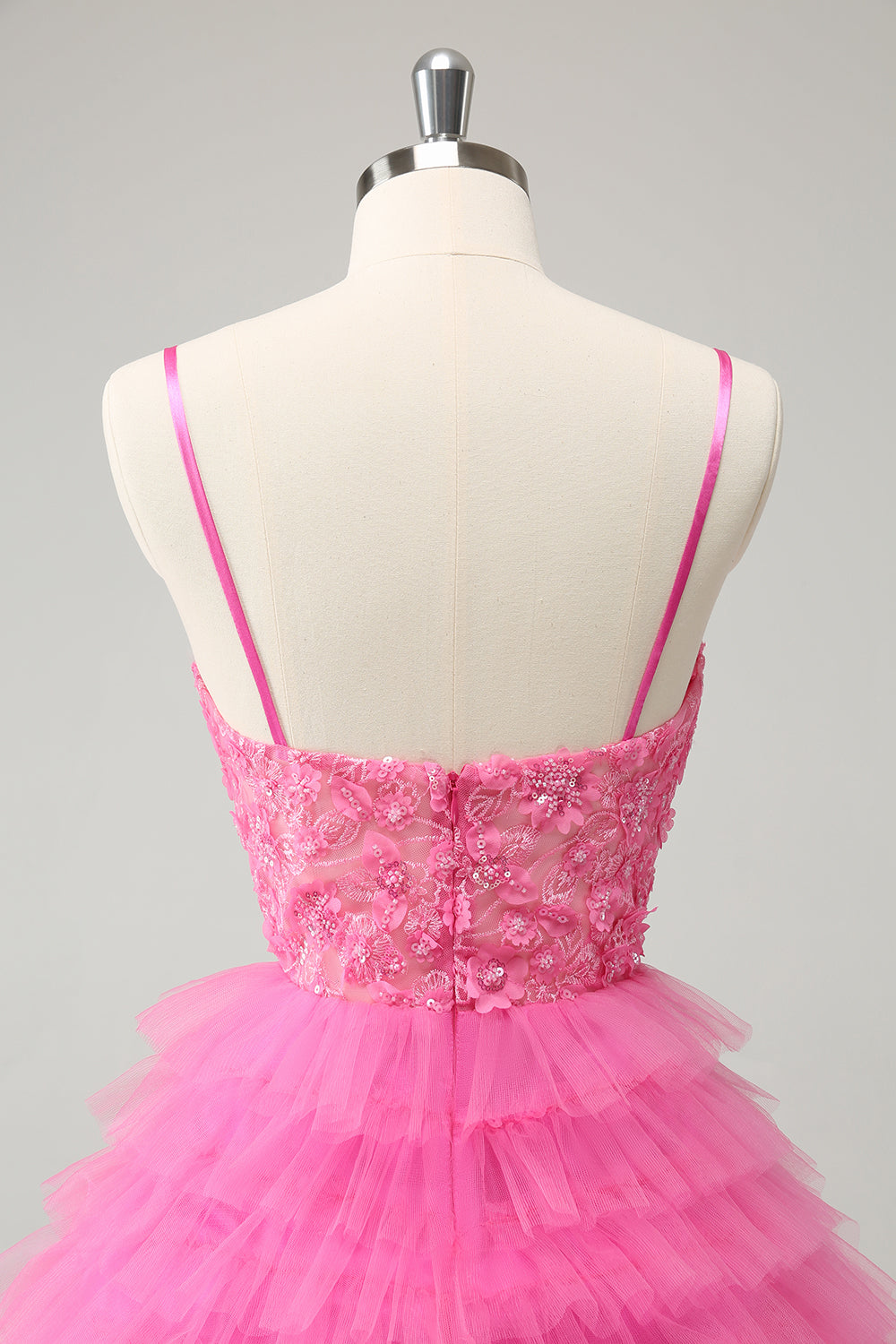 Luolandi Pink A Line Spaghetti Straps Tiered Corset Short Homecoming Dress with Sequins Beautiful