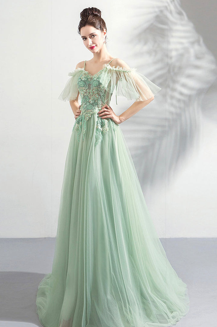 Luolandi Green Lace Floor Length Prom Dresses A-Line Off the Shoulder Evening Dress Party Dress