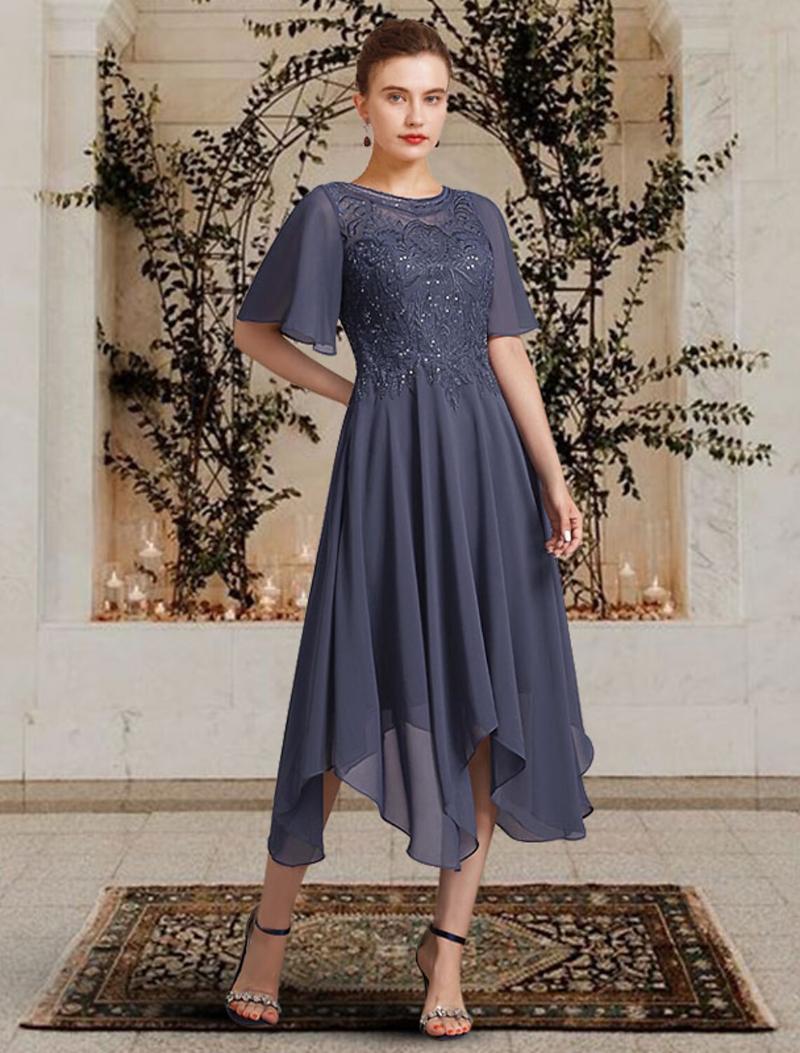 Luolandi A-Line Mother of the Bride Dress Elegant High Low Jewel Neck Asymmetrical Tea Length Chiffon Lace Short Sleeve