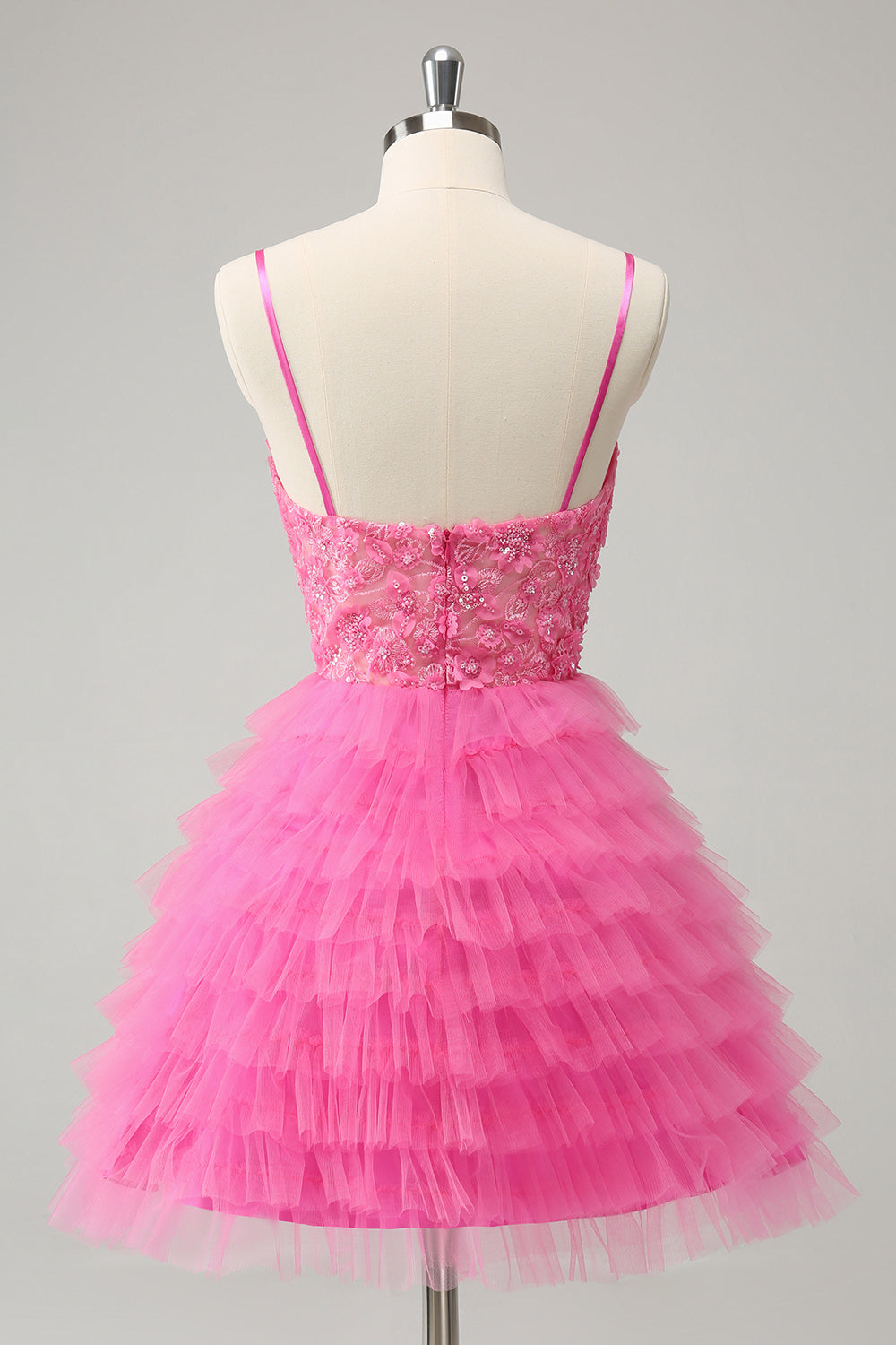 Luolandi Pink A Line Spaghetti Straps Tiered Corset Short Homecoming Dress with Sequins Beautiful
