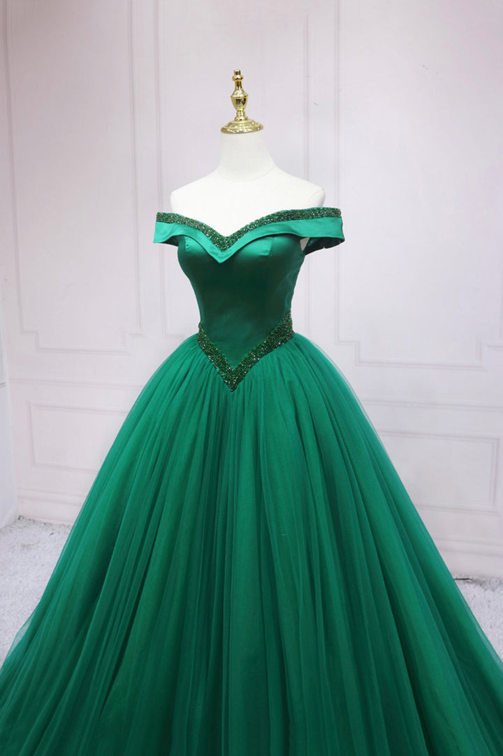 Luolandi Green Tulle Long A-Line Ball Gown Off the Shoulder Evening Dress Sexy