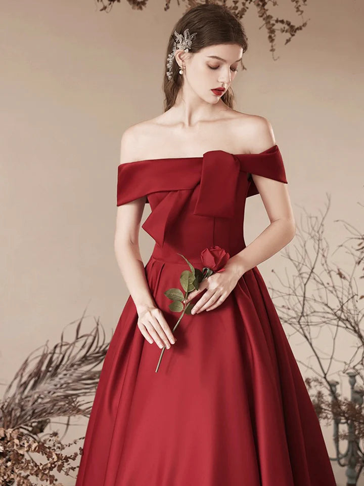 Luolandi Burgundy Satin Long Prom Dress Off the Shoulder Evening Party Dress Sexy