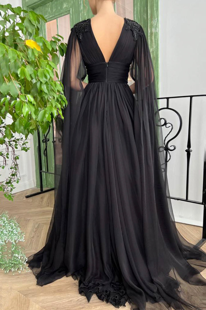 Luolandi Black V-Neck Chiffon Long Prom Dress A-Line Evening Dress with Slit Sexy