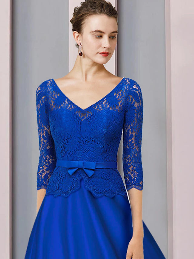 Luolandi Sheath / Column Mother of the Bride Dress Wedding Guest Elegant Sparkle & Shine V Neck Asymmetrical Chiffon Sequined Long Sleeve with Pleats