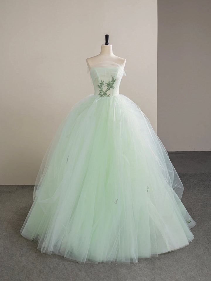 Luolandi Light Green Tulle Floor Length Prom Dress Beautiful Strapless A-Line Evening Party Dress Off Shoulder