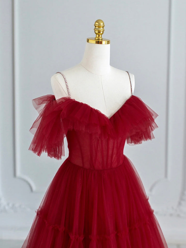 Luolandi Burgundy V-neck Spaghetti Strap Tea Length Prom Dress Cute A-Line Evening Party Dress